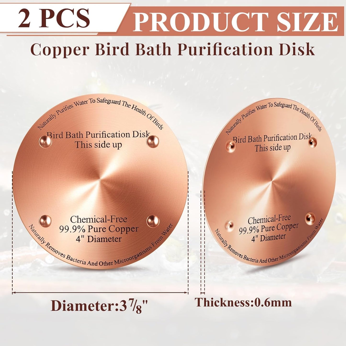 2 Pcs Bird Bath Copper Disk, 0.6mm Thick Reinforced 99.99% Pure Copper Birdbath Purification Disk, with 4 Point Support for Outdoor Birdbaths Bowls Cleaner, 4 Inch (Classic)