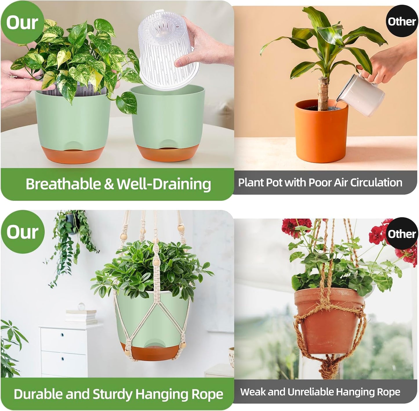 2-Pack Self-Watering Hanging Planters for Indoor & Outdoor Plants,34-Inch macrame hanger plant pots indoor with drainage,5.7-Inch Small Hanging Planters & Baskets in Green,With two sets of hooks