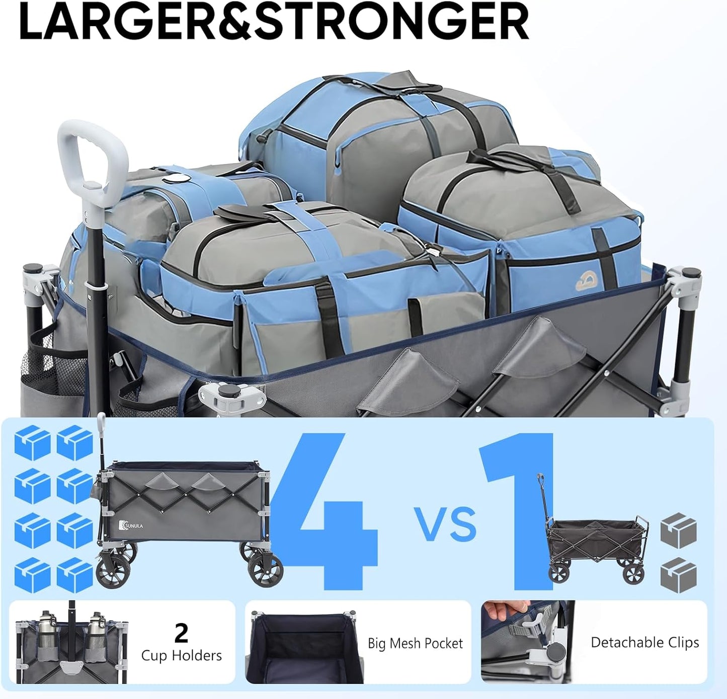 Collapsible Wagon Cart with 440lbs Weight Capacity, Heavy Duty Foldable Wagon with Big All-Terrain Wheels & Drink Holders, Utility Carts for Camping, Garden, Outdoor, Grocery, Sports. Gray