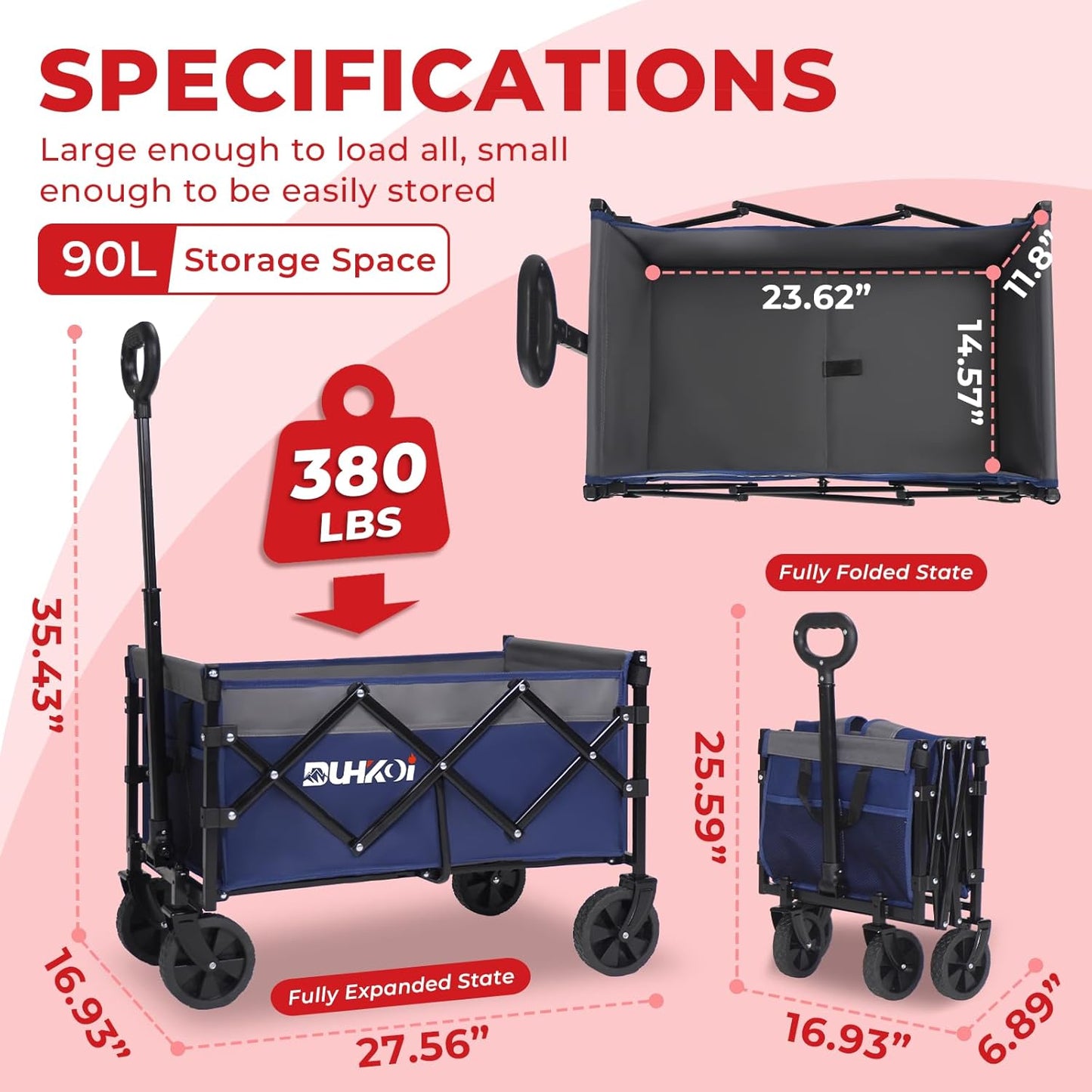 Collapsible Wagon Cart with Wheels Foldable,11 Lbs Lightweight Portable Folding Utility Wagon,90 L Heavy Duty Grocery Shopping Carts,Versatile for Garden Sports Camping Outdoor Use (Navy Gray)