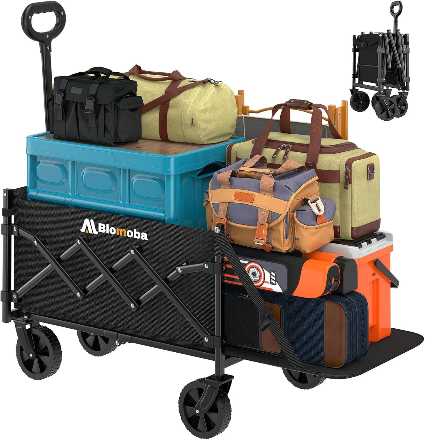 220LBS Foldable Wagon with All-Terrain Wheels, Portable Wagon Cart with Extended Tailgate, Adjustable Handle, Utility Cart for Camping, Shopping, Garden, Sports, Grocery, Black