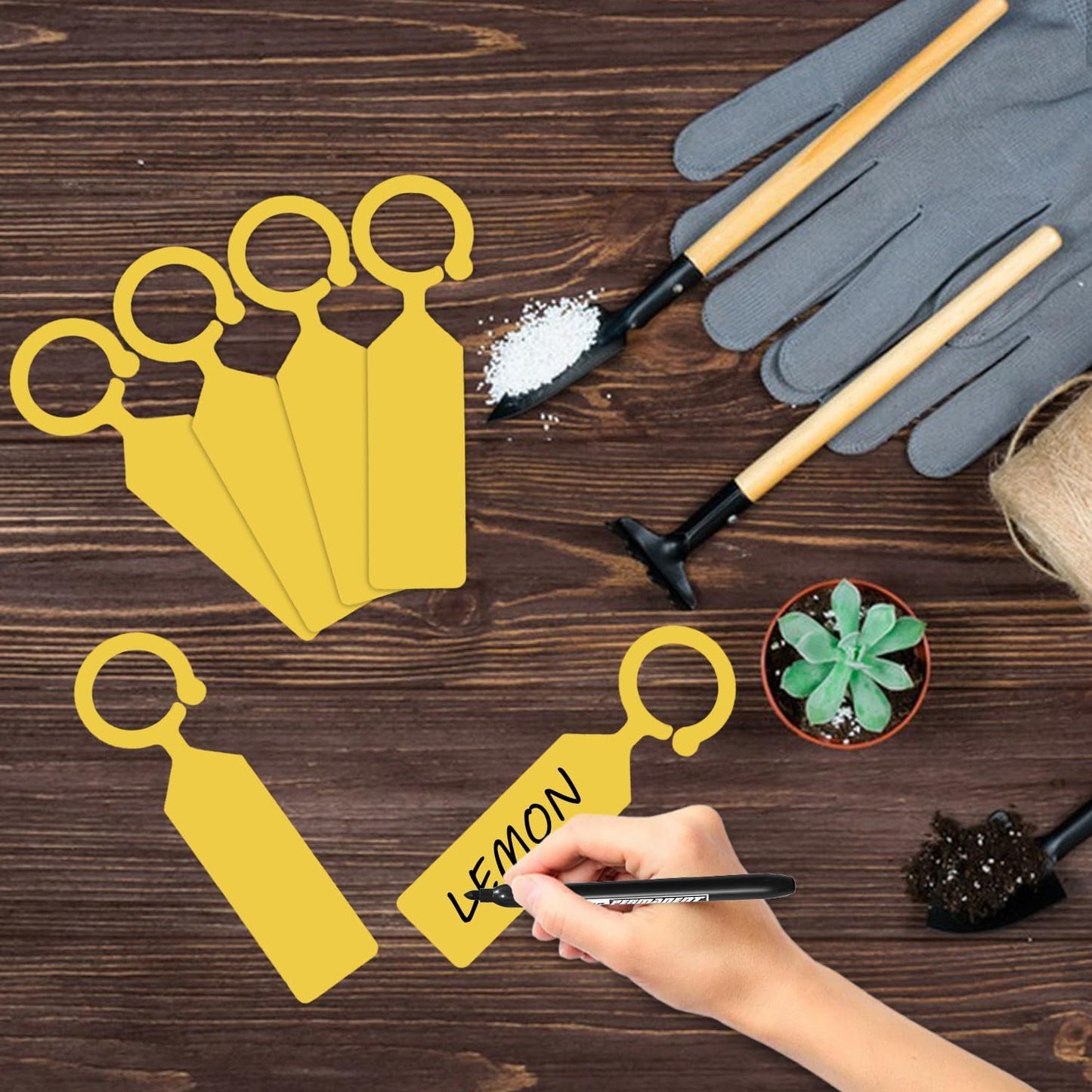 Plant Labels Yuanling 100Pcs Plastic Waterproof Plant Tree Tags Nursery Garden Markers for Indoor Outdoor Gardening Plants Vegetables Flowers Potted (Yellow Color with 1 Marker Pen)