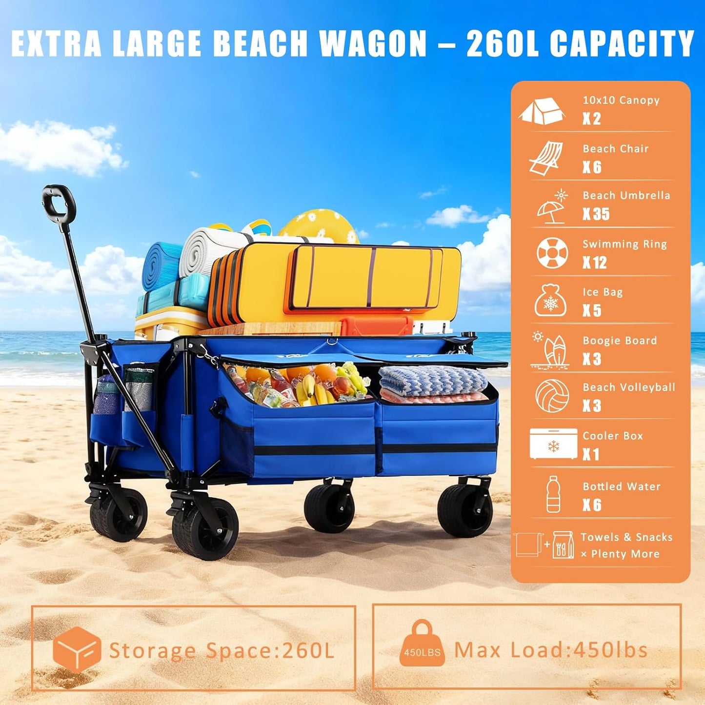 Beach Wagon with Big Wheels for Sand,260L Expandable Storage,Heavy Duty Foldable Beach Cart with 460lbs Capacity,Collapsible Utility Wagon with All-Terrain Wheels for Camping,Sports(Blue)