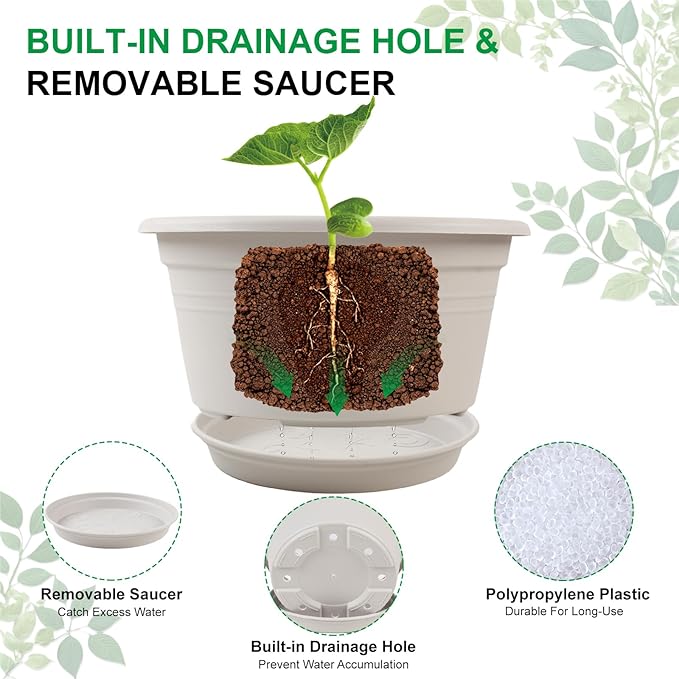 Large 4 Pack13 inch Plant Pots, Round Plastic Pots for Plants, Outdoor Planters with Drainage Hole & Tray Saucer, Decoration Large Flower Pots for Indoor Outdoor Garden Home Plants (White)