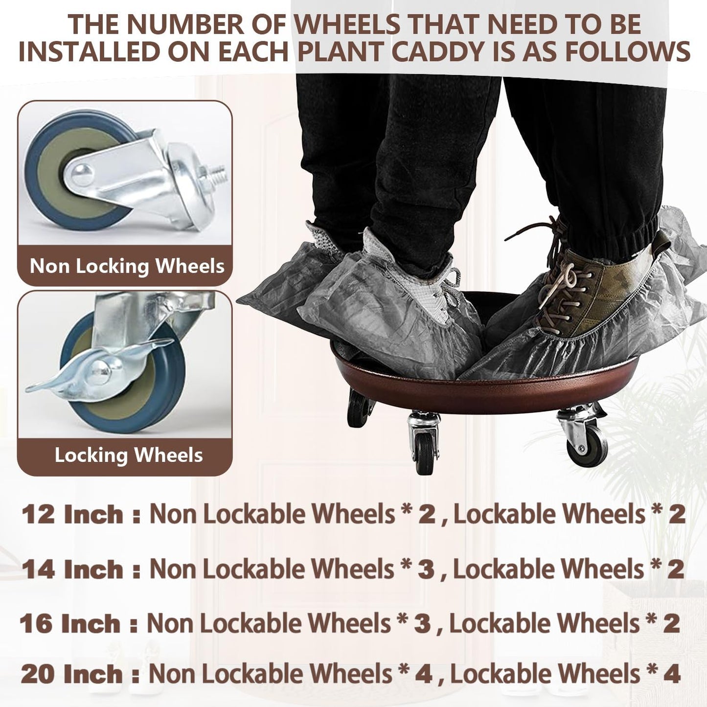 Heavy Duty Plant Caddy with Solid Rubber Wheels, Lockable, Increased Load Capacity, One-Minute Installation, Suitable for Indoor, Outdoor, Patio, Garden Settings, 16 Inches 2PACK, Brown