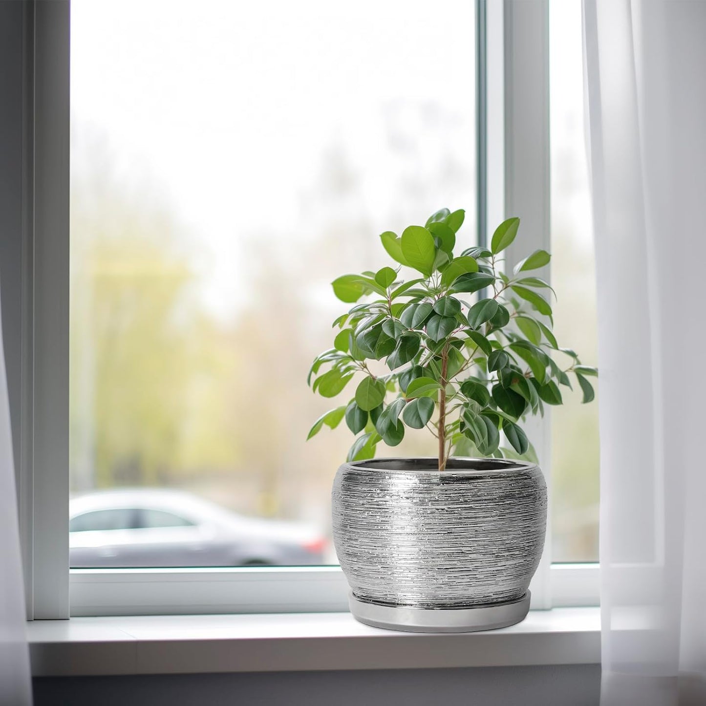 SQOWL Ceramic Pot for Plants - 8 Inch Planter with Drainage Hole and Saucer, Round Planter Indoor Outdoor, Modern Decorative Flower Pot, House Decor, Gifts for Plant Lovers, Silver