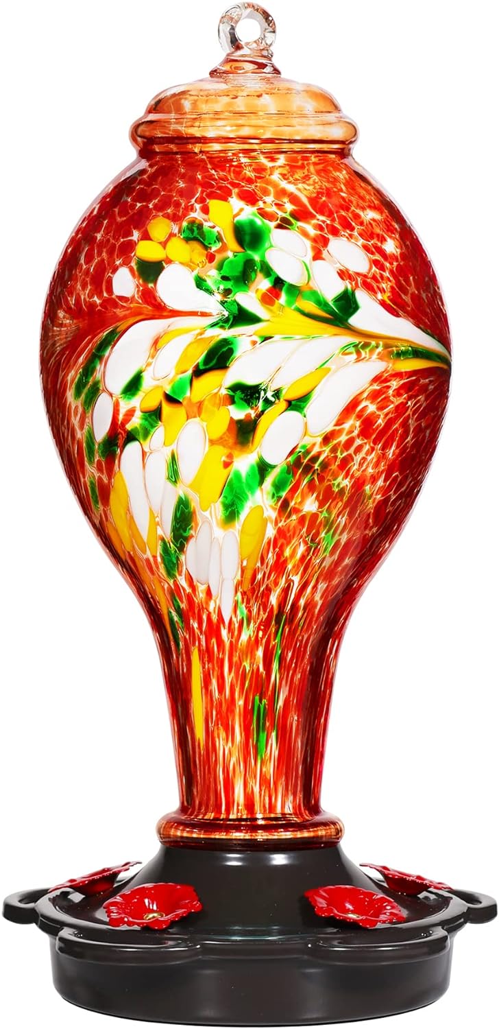 LUJII Hummingbird Feeder for Outdoors, Hand Blown Glass Humming Bird Feeder, Anti Fade Leakproof with 25 Ounces Nectar Capacity, Easy to Install Clean Refill, Include Hook & Ant Moat (Red)