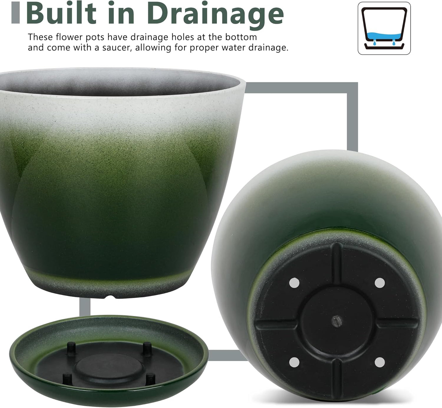 Worth Garden Plastic Round 8" Plant Pots - Set of 6 Multicolor Small Gloss Flower Pot Planters with Drainage Hole and Saucer - Home Decorative Christmas Containers