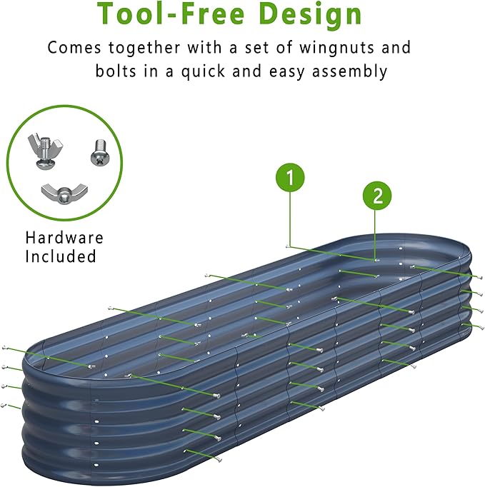 KFN 8x1.8x1FT Galvanized Raised Garden Bed,Raised Garden Bed Kit-Oval Metal Vegetable Box,Large Planter Flower Boxes Outdoor,Planting for Vegetables,Flower,Herb,Grey,0.7mm
