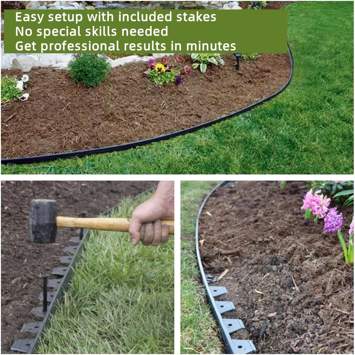 No Dig Durable Garden Landscape Edging Kit, 2 Inch Tall Black Plastic Lawn Border with 72pcs Anchoring Spikes for Landscaping, Flower Gardens, Lawn (60FT+72pcs Anchoring Spikes)