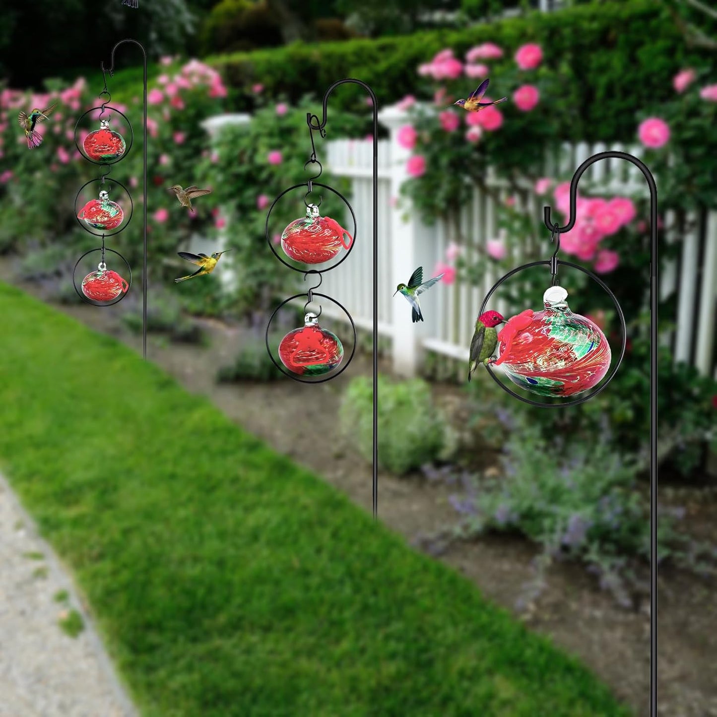 Flexible 6 Pack Hummingbird feeders for Outdoors Hanging Ant and Bee Proof,Detachable Hand Blown Glass Hummingbird Feeder with 6 Adjustable Silicone Perch(Red)