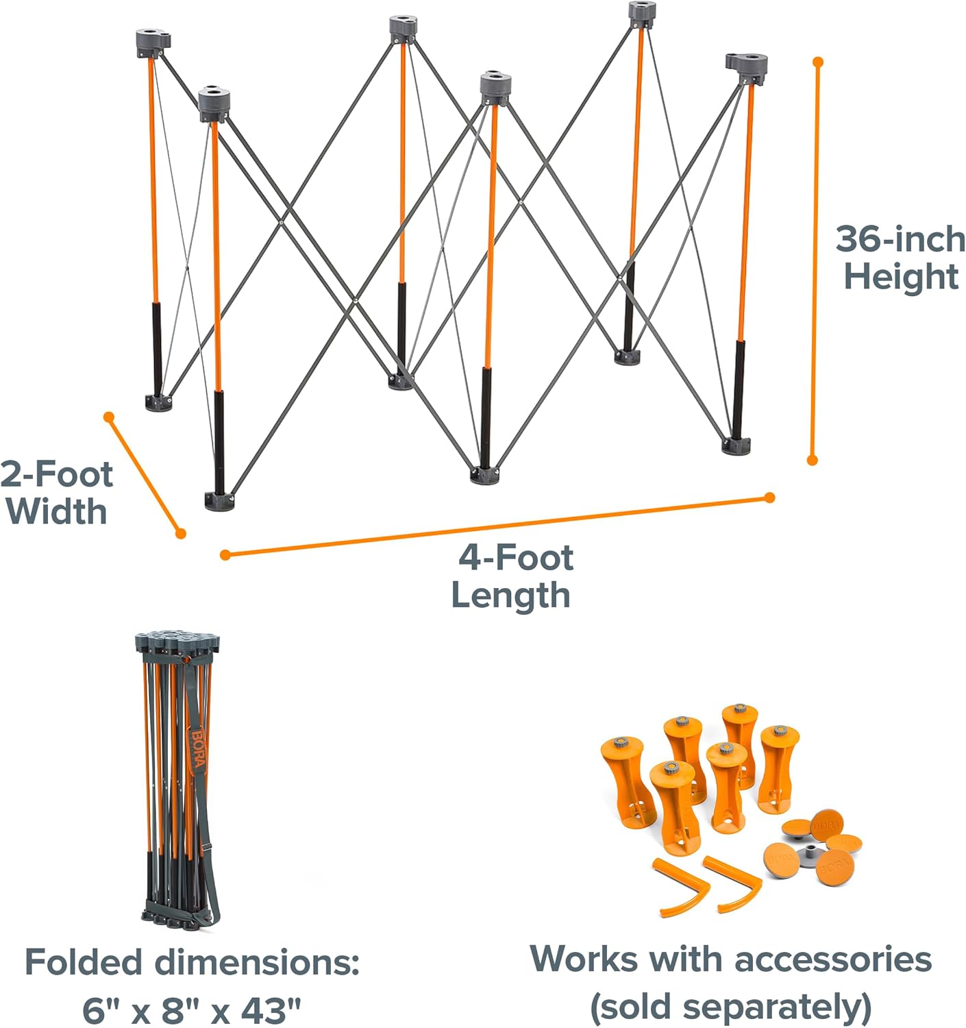 BORA Centipede CT6 36 inch Tall Portable Folding Workstand with Carry Strap, Collapsible Workbench, Construction table, Support, Sawhorse, 2Ft X 4Ft, 36 inch work height, 2,500lb weight capacity
