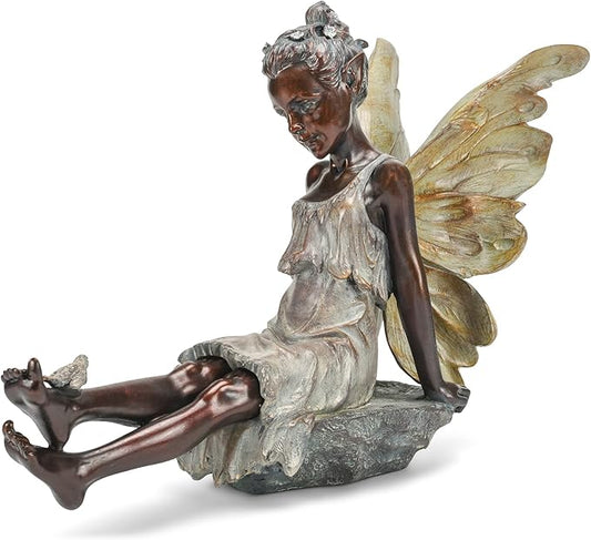 Fairy with Bird Bronze Tone 12.5 x 18 Inch Resin Stone Outdoor Garden Statue
