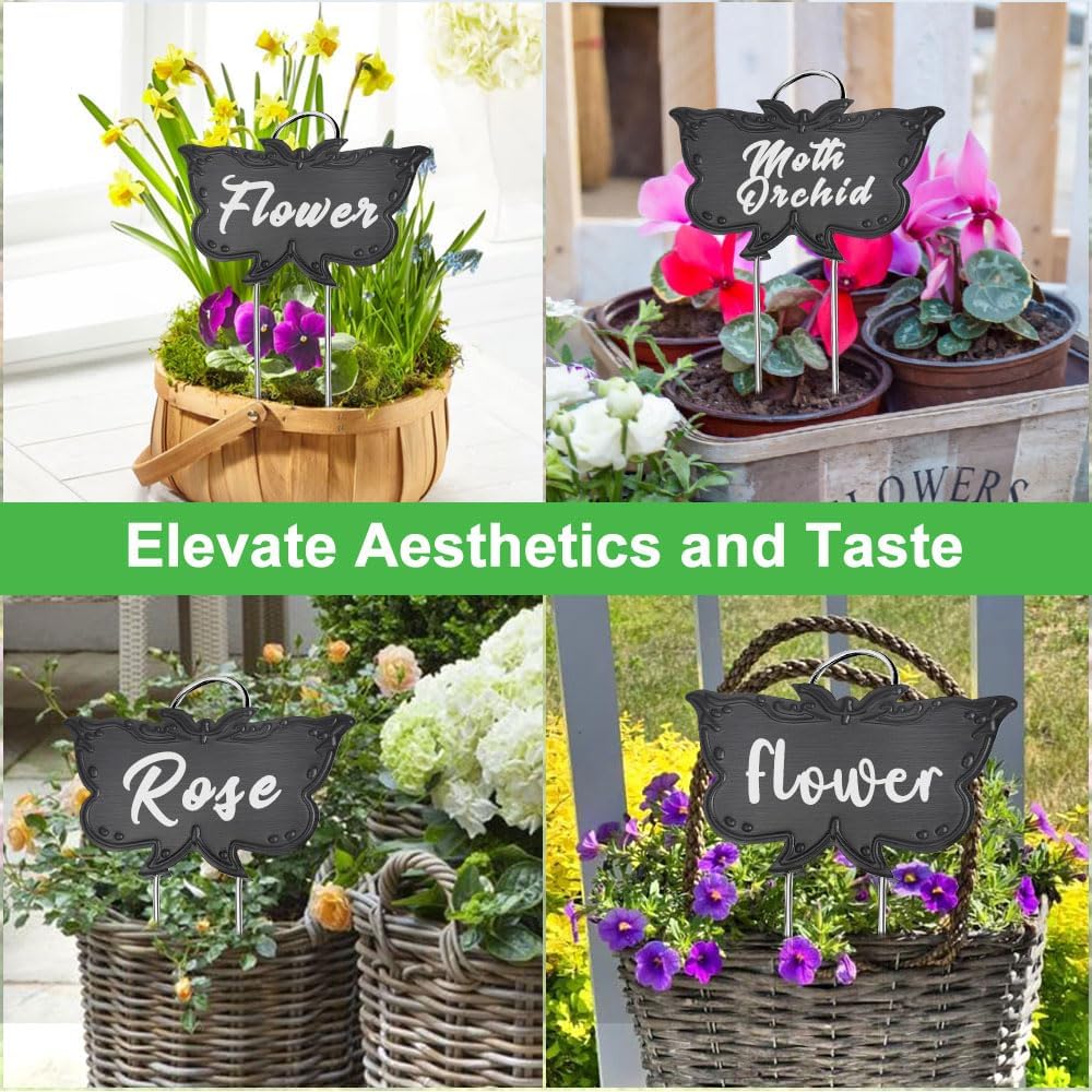 Metal Plant Labels, Tall Outdoor Butterfly Garden Markers for Flowers, Fruits and Vegetables, 304 Stainless Steel Weatherproof Signs (25 Packs, 4" x 2.3", Black Butterfly Design)