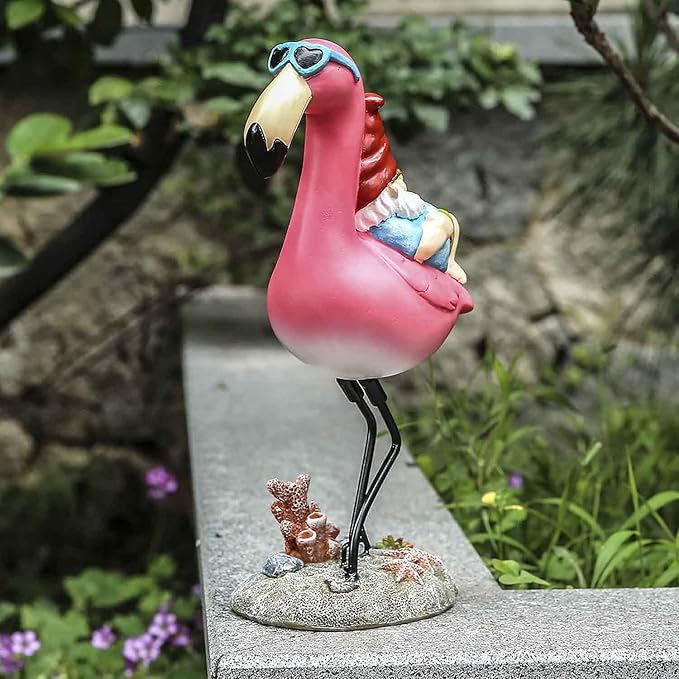 Gnome Garden Statue Funny Gnome Reclining on Flamingo Figurines, Resin Garden Gnomes Fall Decorations Outdoor for Patio Yard Lawn Porch, Ornament Gift