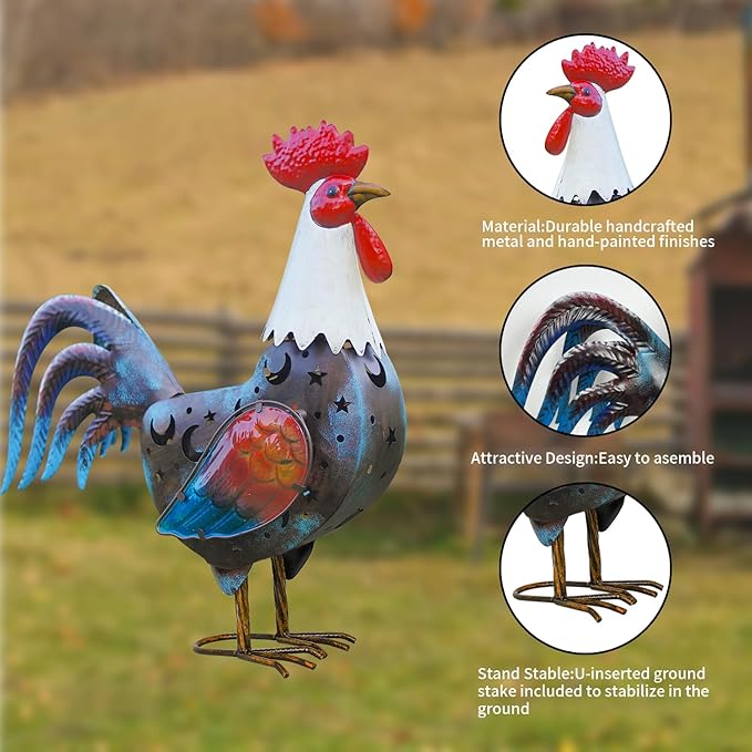 LIFFY Solar Rooster Outdoor Decor,18" Metal Rooster Yard Decor with LED Lights,Chicken Home Decorative Ornaments,Garden Statues for Outside Patio Backyard Landscape Lawn
