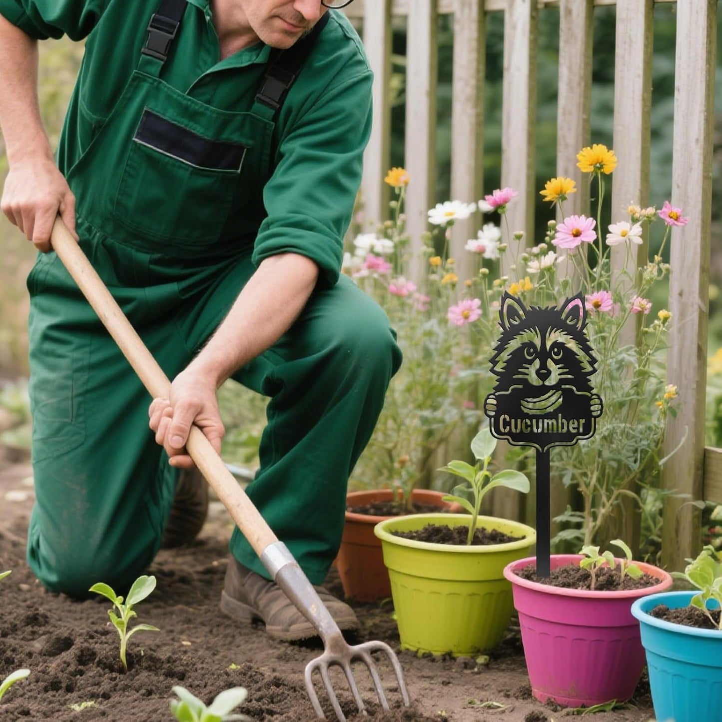 CUTHOLLOW Metal Plant Marker Stake Cucumber and Raccoon for Outdoor Indoor, Waterproof 11.8 inch Cute Garden Plant Labels Sign Tag for Vegetables, Farmhouse Greenhouse Decor - Funny Gardening Gifts