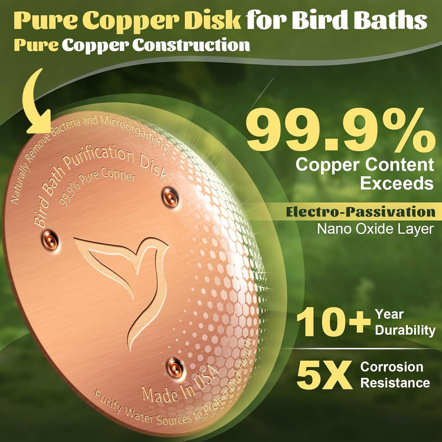 1PC Bird Bath Copper Disk,1mm Thick Reinforced 99.99% Pure Copper Disc with Triple-Point Support,Bird Bath Accessories for Outside Birdbaths Bowls Physical Safe Water Cleaner for All-Season Use