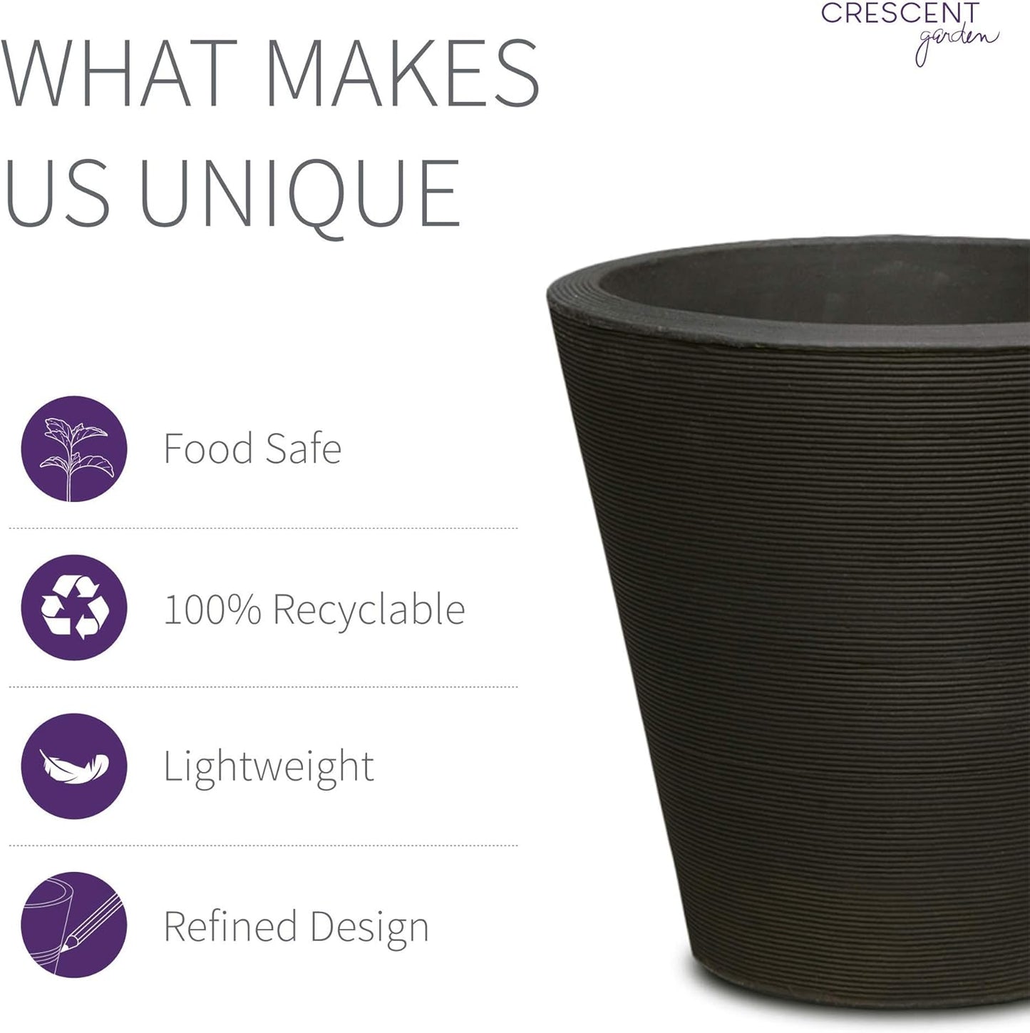 Crescent Garden Madison Planter– Weather-Resistant, Double Walled Indoor/Outdoor Plant Pot with Drain Hole – Durable All-Season Flower Container, 20" W (Caviar Black)