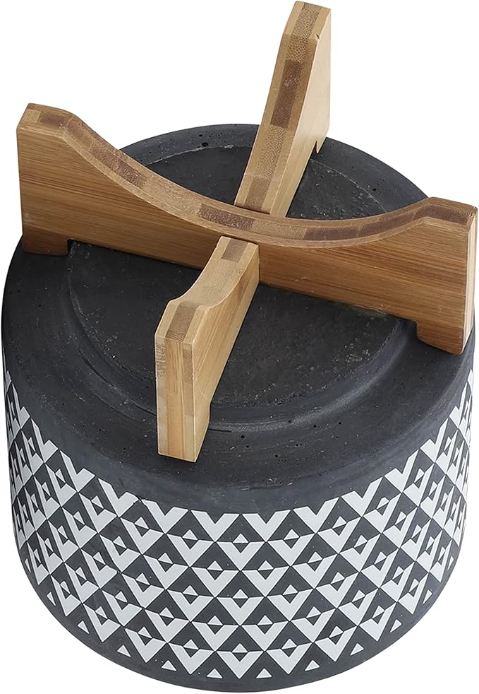 Sagebook Home 9" H 8" Diameter Dark Gray and Ivory Aztec Design Ceramic Planter with Solid Rubberwood Stand for Living Room, Bedroom, or Office