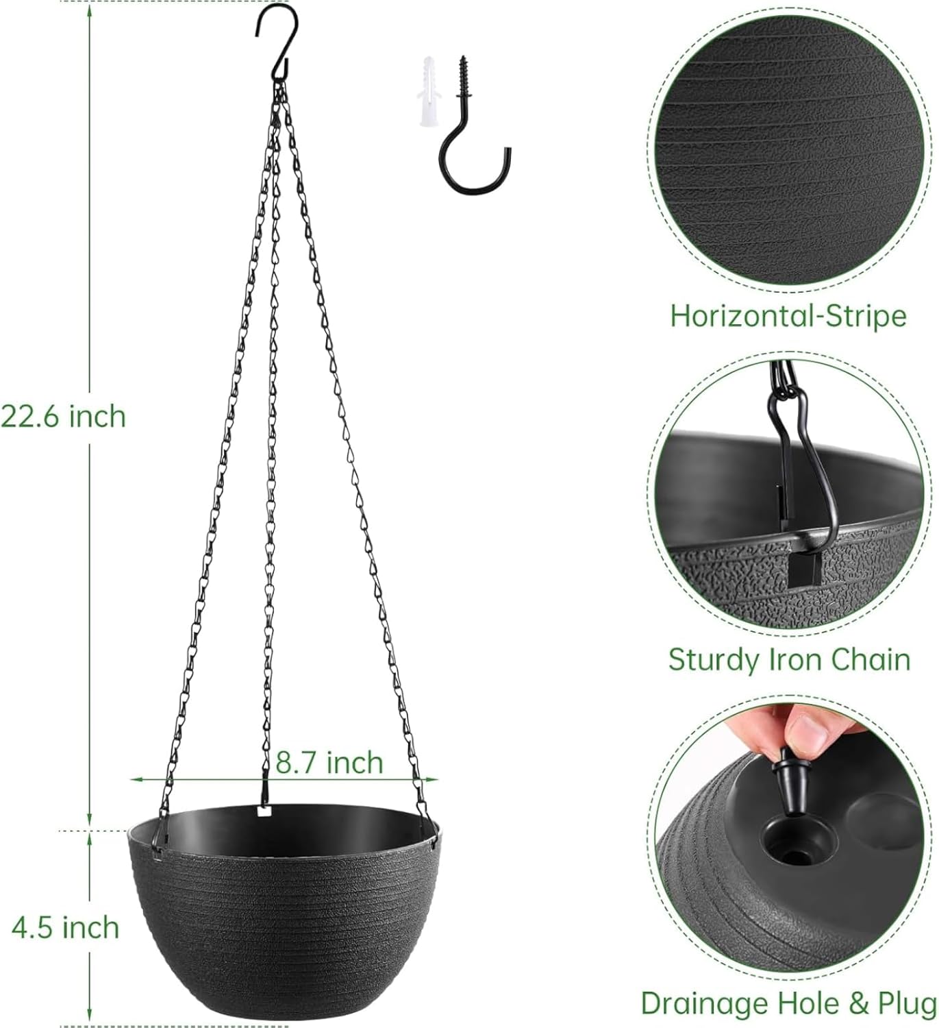 Hanging Planters for Indoor Outdoor Plants, Set of 2 Self Watering Hanging Pots with Drainage Hole & Plug and 20" Chain & Hooks