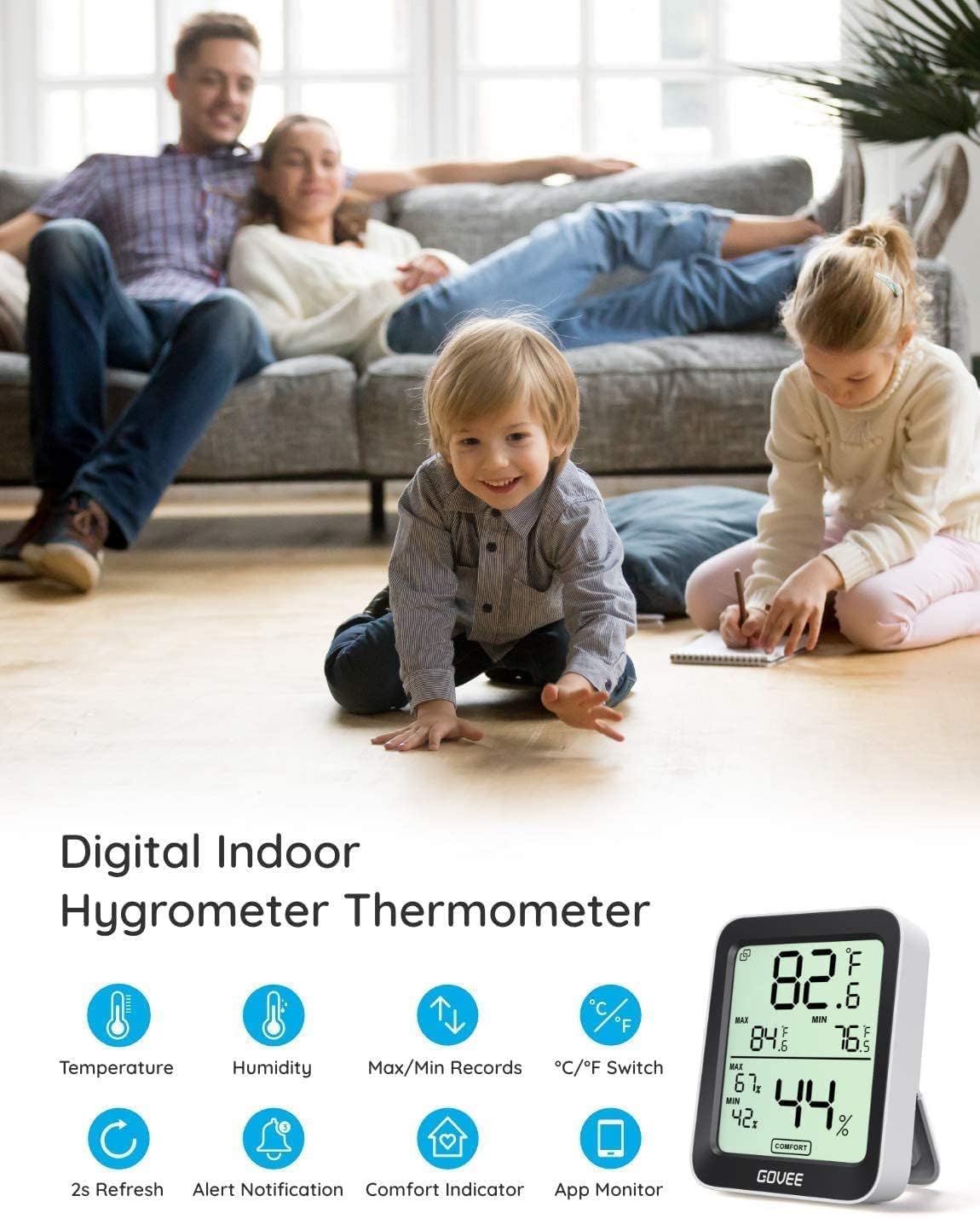 Govee Digital Hygrometer Indoor Thermometer Room H5075, Bluetooth Temperature Humidity Meter with 164ft Remote App Control, Notification Alerts, 2 Years Data Storage Export for Bedroom, Wine Cellar
