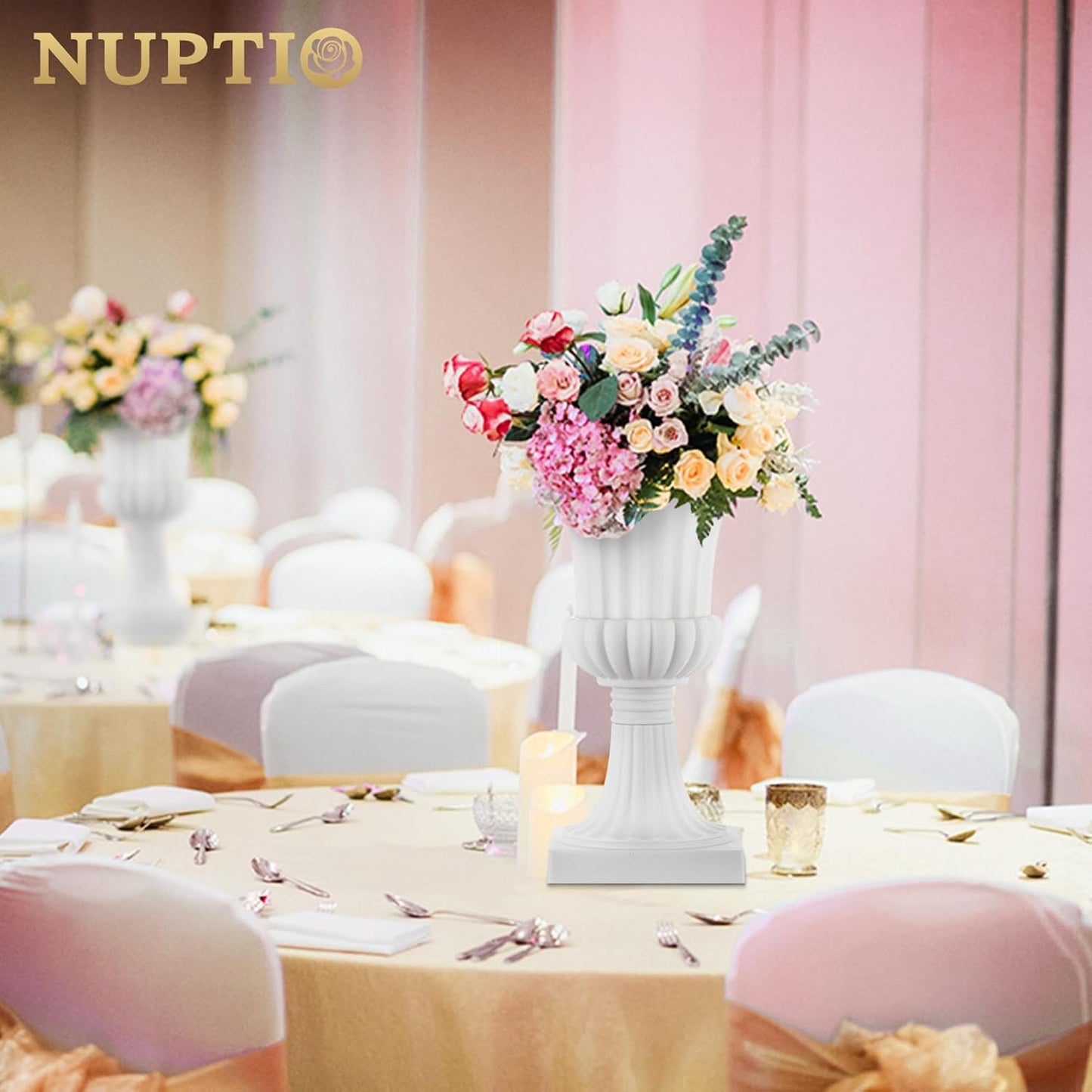 Nuptio Plastic Urn Planters White - 6 Pcs 19.7 Inch Tall Large Urns Planter Outdoor for Plants - Garden Classic Flower Vase Plant Pots - Porch Front Pedestal Pot Resin Grecian Vases