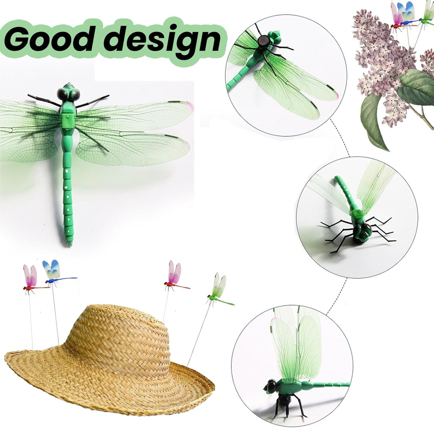 6 Pack 3D Realistic Dragonfly Clips - Colorful Plastic Garden Decor for Outdoor & Indoor Use, Hat/Clothing Accessories, Yard Patio Ornaments - Decorative Stakes (Assorted Colors)
