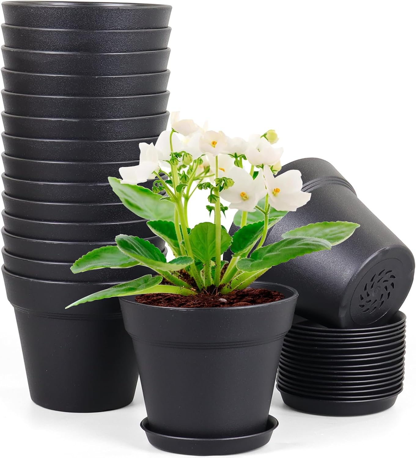4 inch Small Plastic Nursery Pots, 16 Pack Plant Pots for Indoor Outdoor Plants, Flower Pots with Drainage Holes and Saucers, Decorative Seedling Starter Planters for House Plants, Black