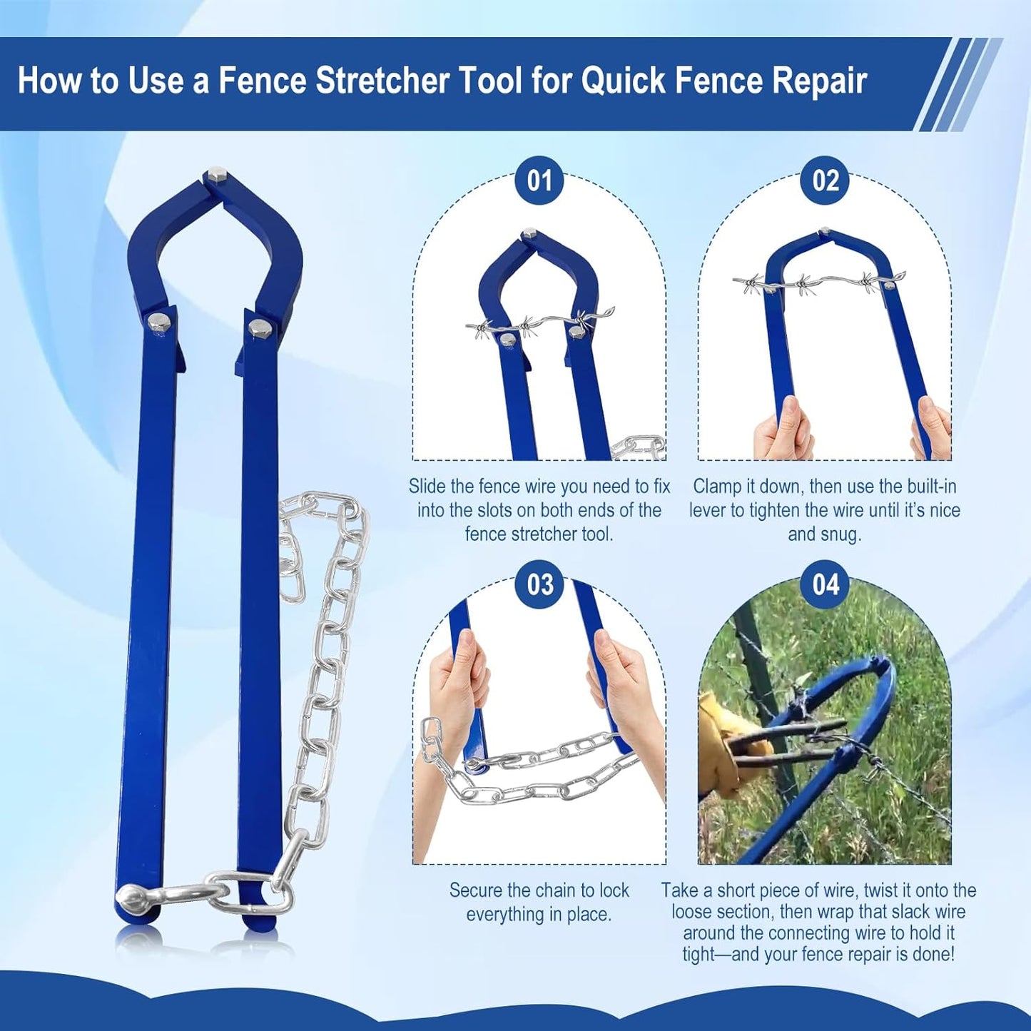 Updated Heavy Duty Fence Repair Tool, Fence Stretcher Tool for Tightening and Restoring Barbed Wire, Electric Fence, Horse Fence, Mesh Fencing, Fence Stretcher-Fence Repair for Ranch,Farm, Garden Use.
