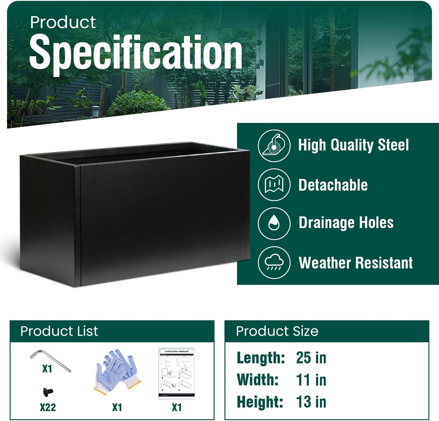 Galvanized Steel Metal Planter Rectangular Indoor Black Planter Box Large Outdoor Planters Steel 25" Lx 11" W x 13" H Commercial Residential for Patio, Deck, Garden