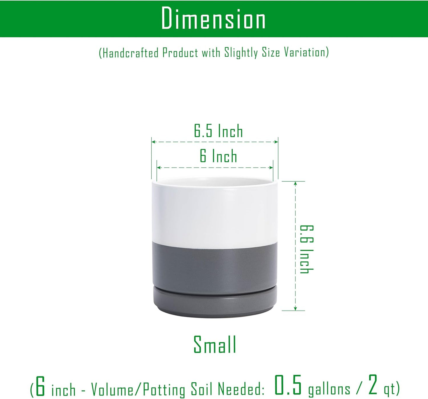 D'vine Dev Set of 2 Plants Pots, 6.5 Inch Ceramic Planter Pot for Plants with Drainage Hole and Saucer, White/Speckled Grey, 94-V-C-6