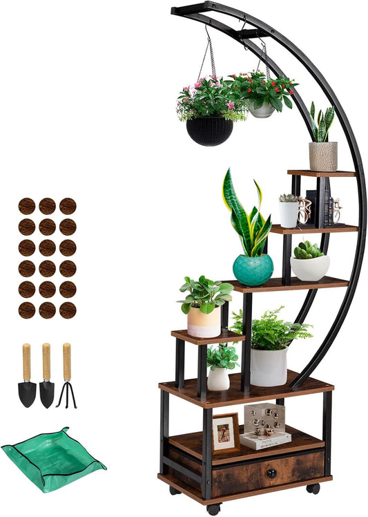 7-Tier Half Moon Indoor Plant Stand with Lockable Wheels, 71” Tall Plant Shelf with Drawer & Accessories, Plant Holder Display Rack for Multi-plants, Plant Rack for Patio Balcony Living Room (Half Moon)