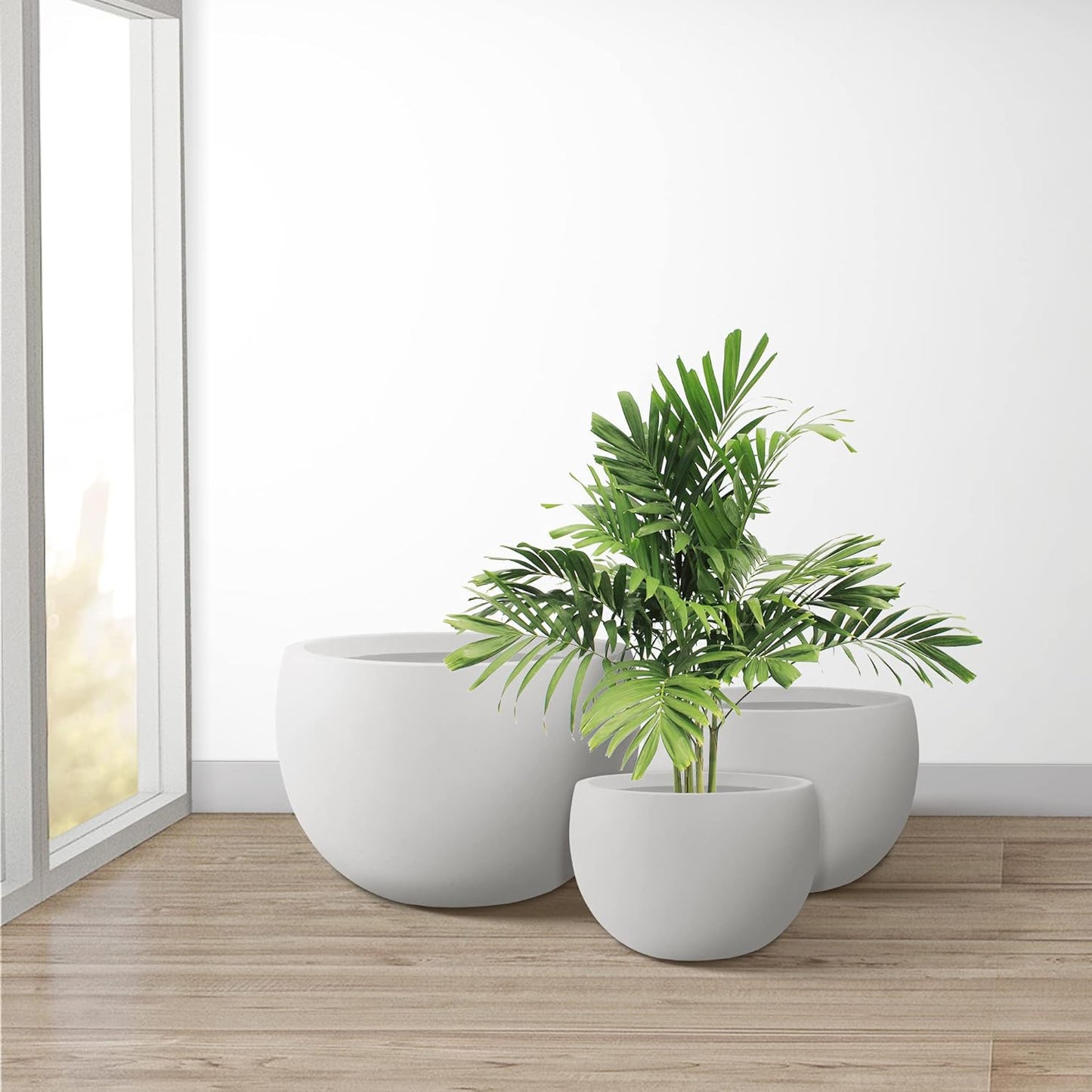 Kante 19.9",15.7",11.8" Dia Round Concrete Planter Set of 3, Outdoor/Indoor Large Bowl Plant Pots with Drainage Hole and Rubber Plug for Garden Patio Balcony Home, Pure White