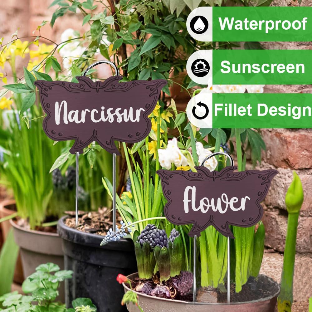 Metal Plant Labels, Tall Outdoor Butterfly Garden Markers for Flowers, Fruits and Vegetables, 304 Stainless Steel Weatherproof Signs (25 Packs, 4" x 2.3", Purplish Red Butterfly Design)