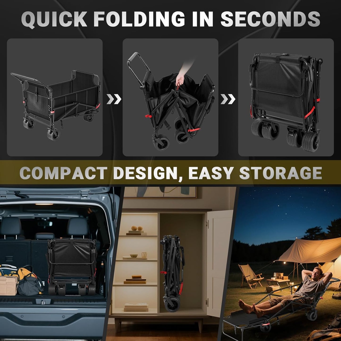 LEVELEVE Heavy Duty Folding Wagon - 2-in-1 Collapsible Cart, 650lb Capacity, All-Terrain Wheels w/Brakes & Side Pockets (Black)