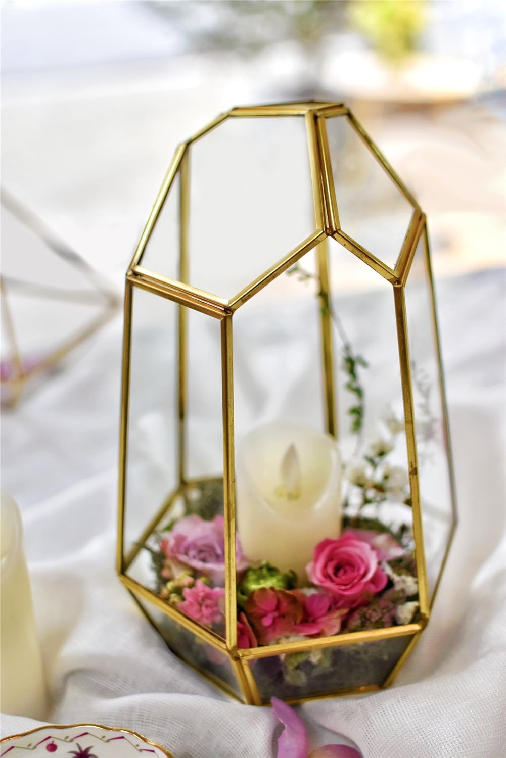 NCYP Geometric Glass Terrarium - Irregular Brass Planter Pot for Succulent Air Plants - Home Fairy Garden Decor - 6.5x5.7x9.8 Inches, Gold (No Plants, NO Door)