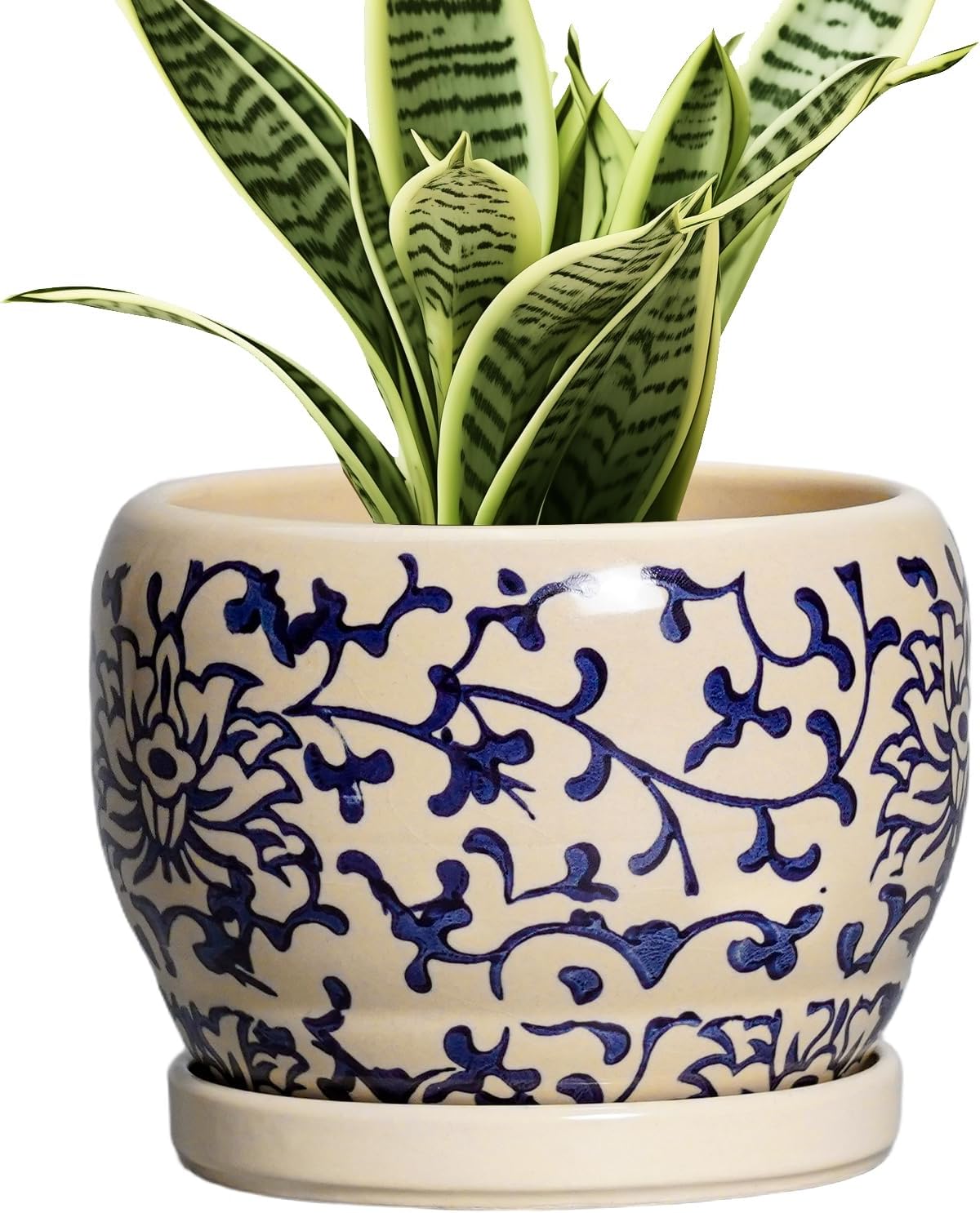 SQOWL Ceramic Flower Pots - 6 Inch Plant Pot Indoor with Drainage Hole and Saucer, Porcelain Ceramic Planter Outdoor, Decorative Round Small Planter, House Decor, Plant Lover Gifts, Blue and Beige