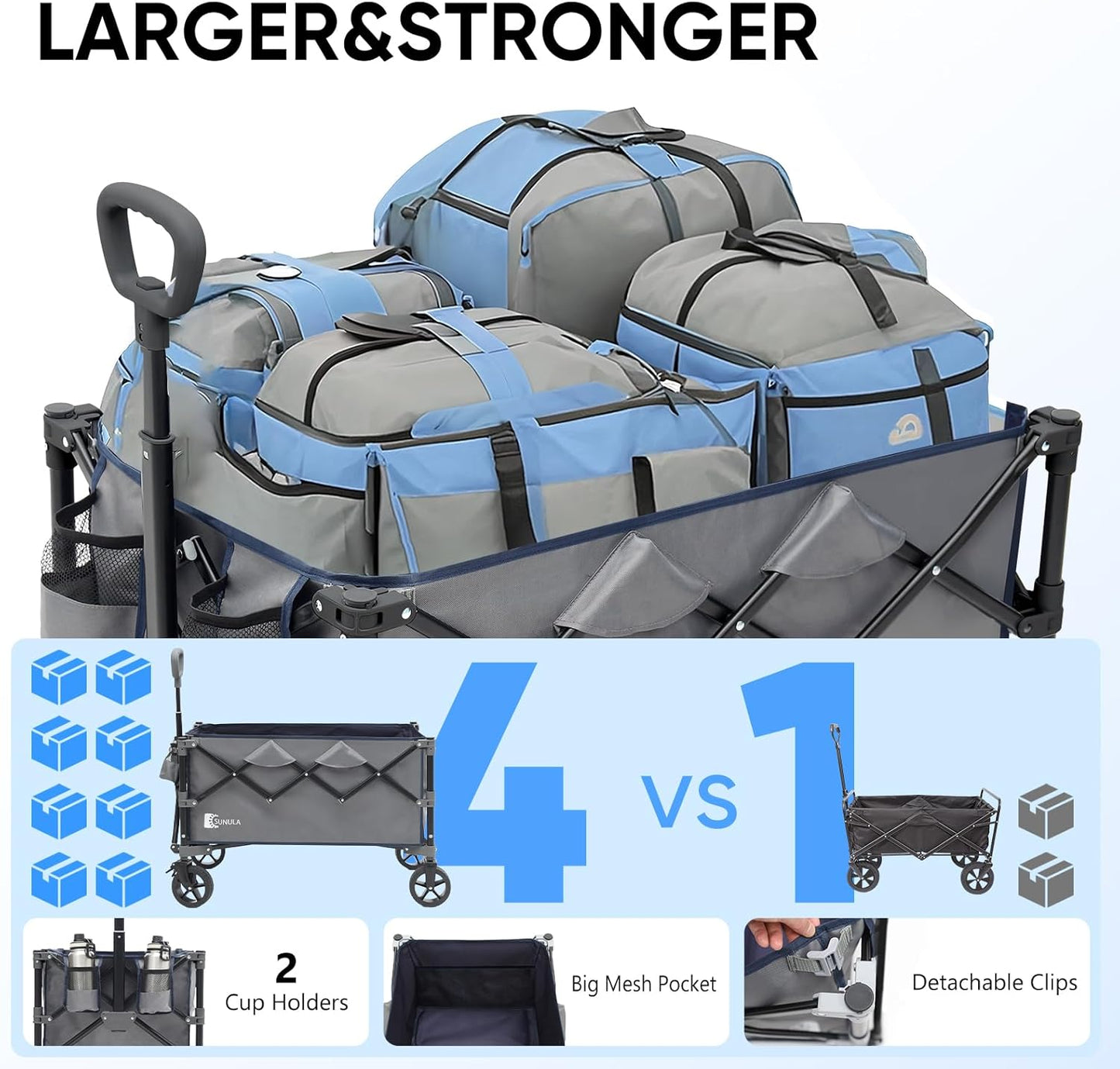 Collapsible Foldable Wagon Cart with 330lbs Weight Capacity, Heavy Duty Folding Wagon Cart with Big All-Terrain Wheels & Drink Holders. Gray