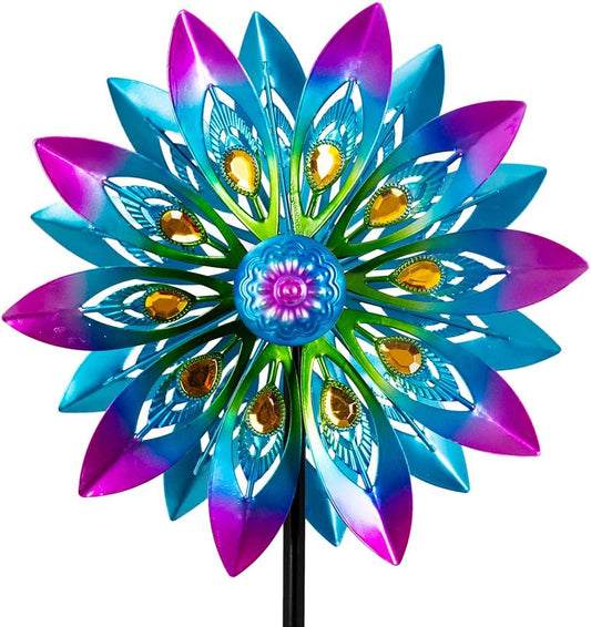 Metal Wind Spinner,13” Wind Spinners Outdoor,Peacock Windmill with Stake,Kinetic Wind Spinners for Yard and Garden,Multi-Color Pinwheels Yard Wind Sculptures,Waterproof Spinner for Patio Lawn
