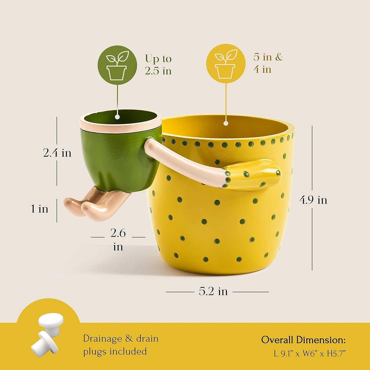 VIRTUNE Adorable Plant Pots. 5" Flower Pot & 2" Small Succulent Pot with Drainage. Small Plant Pots, Cute Pots for Plants, Succulent Planter (Light Yellow)