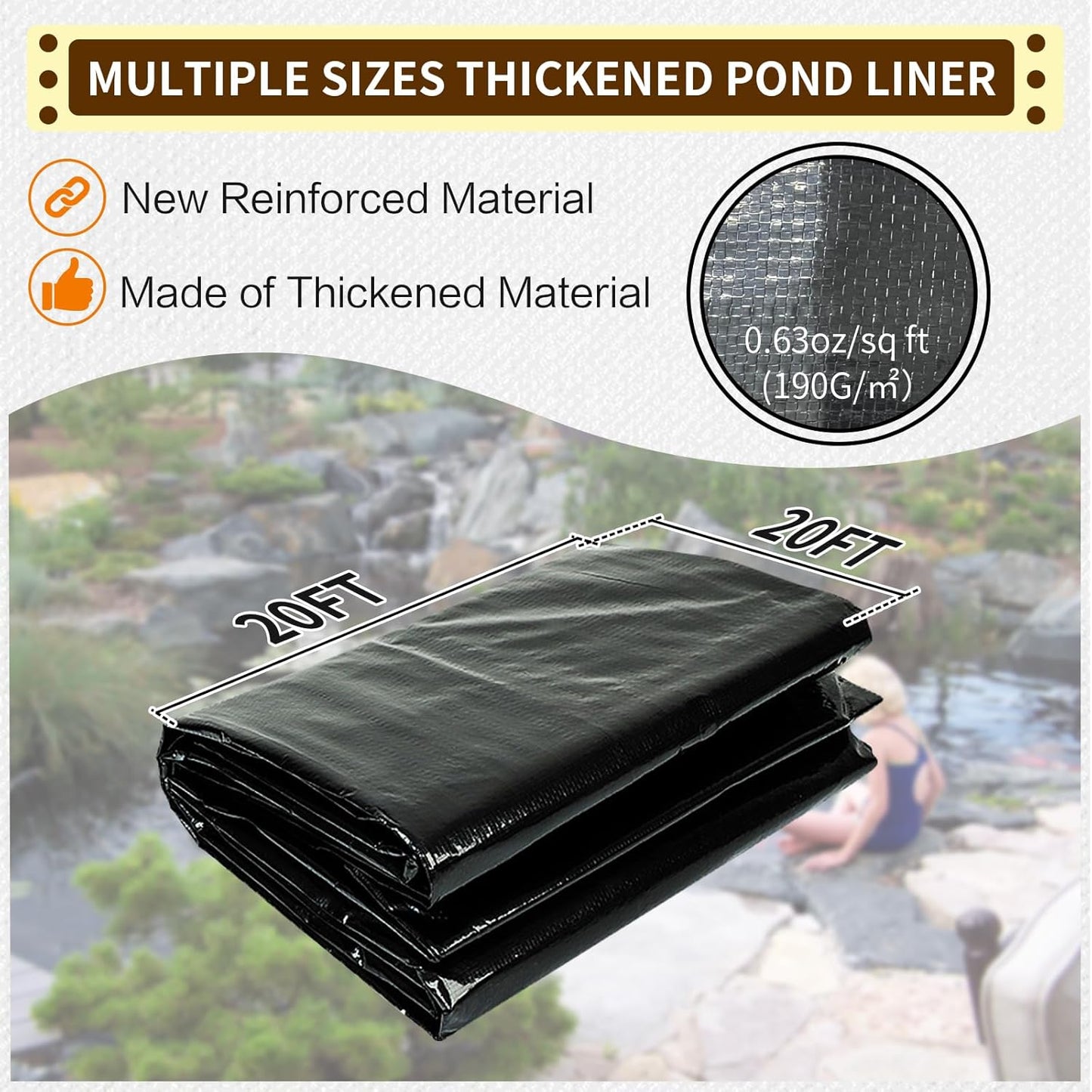yeezoo 20x20FT Reinforced PE Pond Liner, KOI Pond Liners for Outdoor Ponds, Enhanced 5-Layer Structure Pond Liner for Fish, Duck, Garden Raised Bed and Waterscape Pond(0.63oz/sq ft Thickness)