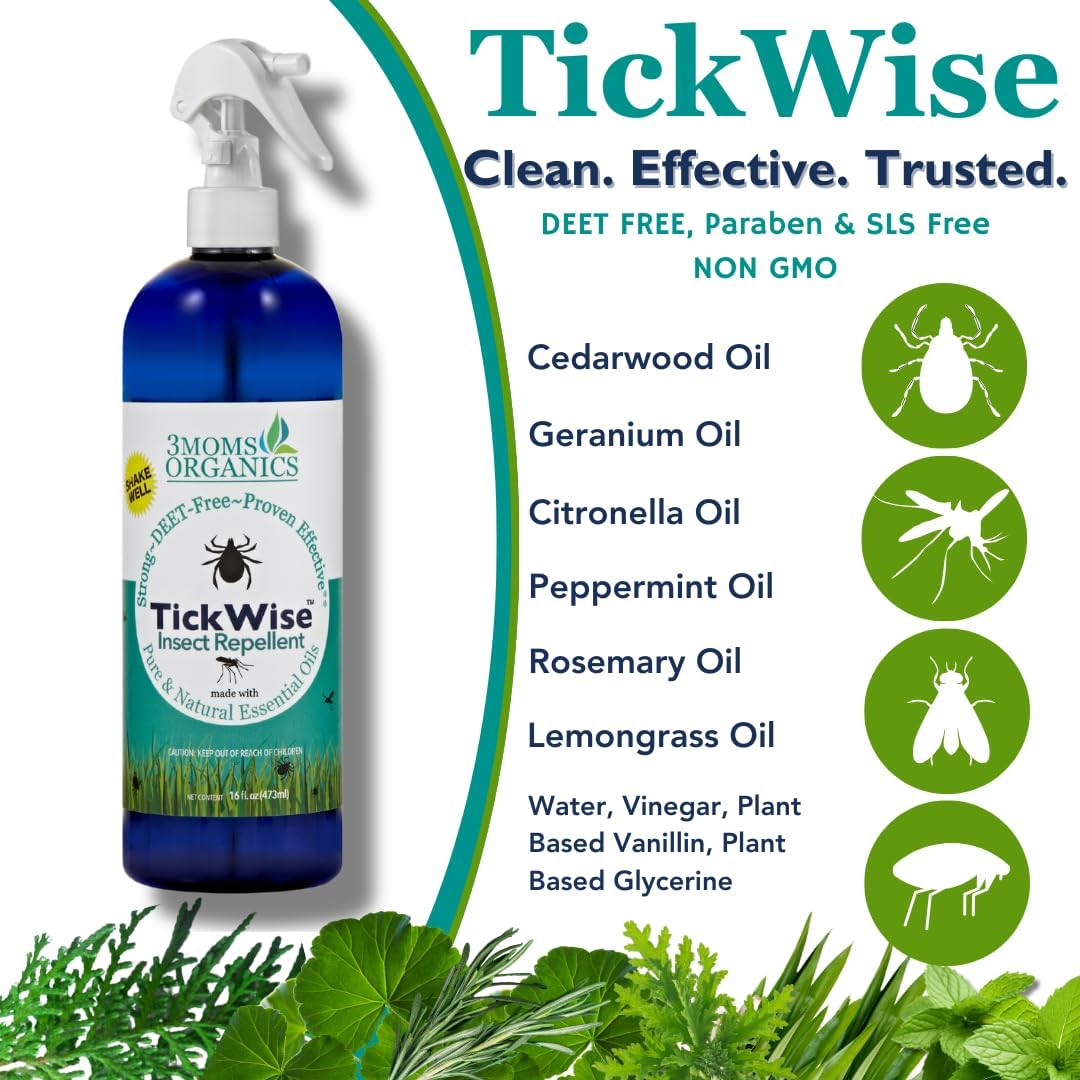3 Moms Organics TickWise | 16oz Extra Strength, DEET- Free, Tick and Insect Repellent | Plant Based Essential Oils and All Natural Ingredients | Safe for Kids, Adults, Dogs and Horses