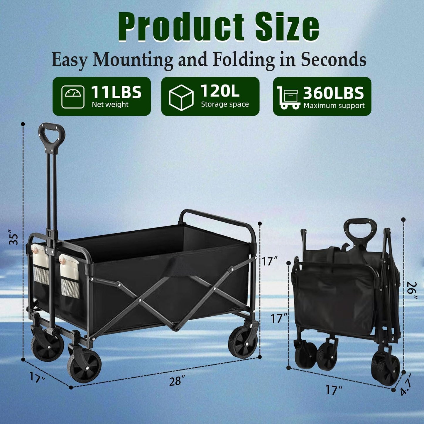 Collapsible Wagon Cart Foldable 360lbs Capacity, Lightweight Portable Beach Wagon, Shopping Carts with Wheels for Grocery, Camping, Shopping, Beach, Fishing, Garden Cart