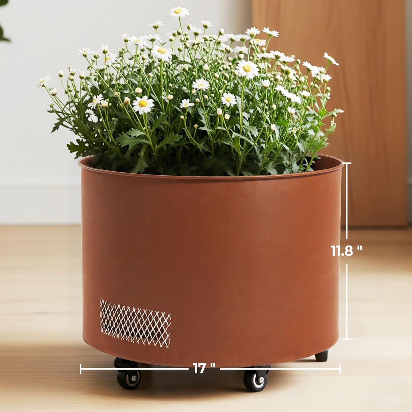 Steel Planter with Wheels - 14.6" Weathering Raised Garden Bed for Tomatoes & Vines, 360° Swivel Indoor/Outdoor Use, Thick-Gauge Rust-Resistant Metal Trough (Brown)