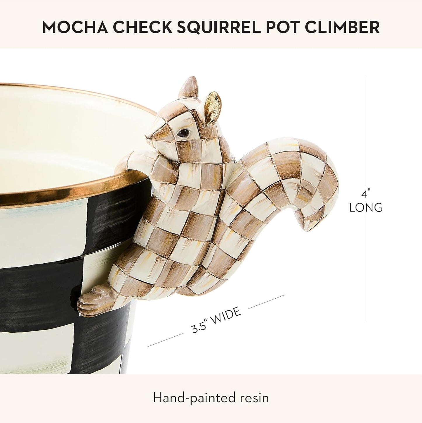 MACKENZIE-CHILDS Pot Climber, Outdoor Planter Hanging Decor, Brown-and-White Mocha Check Squirrel