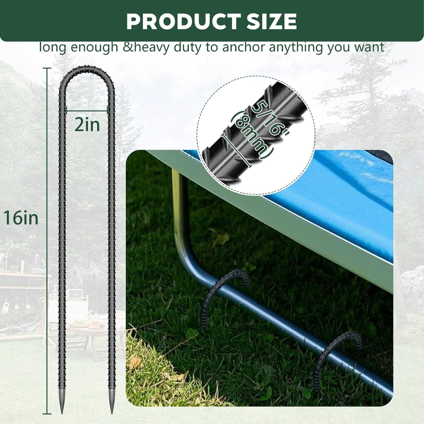 20 PCS Trampoline Stakes Anchors High Wind Heavy Duty,U Shaped Garden Hooks Stakes for Ground,Trampoline Tie Downs Anchor Kit,Bounce Horseshoe House Stake,Rebar Camping Tent Stakes,16 Inch Long Black