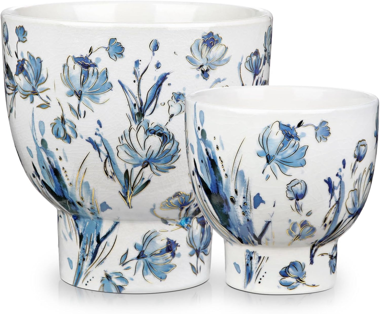 7.6/5.5 Inch Decorative Flower Pots, Blue and White Plant Pot Gold Accent Ceramic Planters for Indoor Plants Pots with Drainage Retro Planter Pot for Succulents Cactus Herb Snake Plants Outdoor Garden