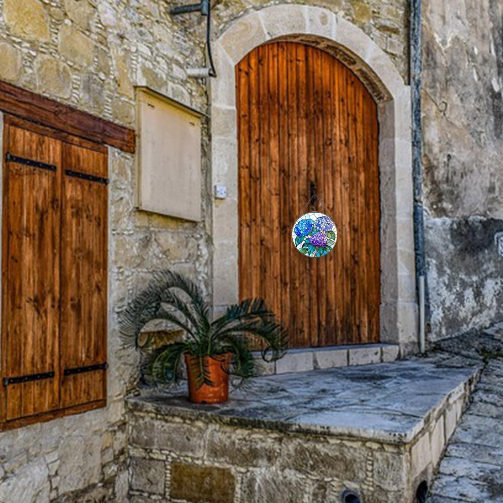 Handmade Hydrangea Flower Stained Glass Suncatcher - Vibrant Window Décor for Home/Garden,Gift-Ready Sun Catcher Art with Hook (Blue, 9.8 * 9.8IN)