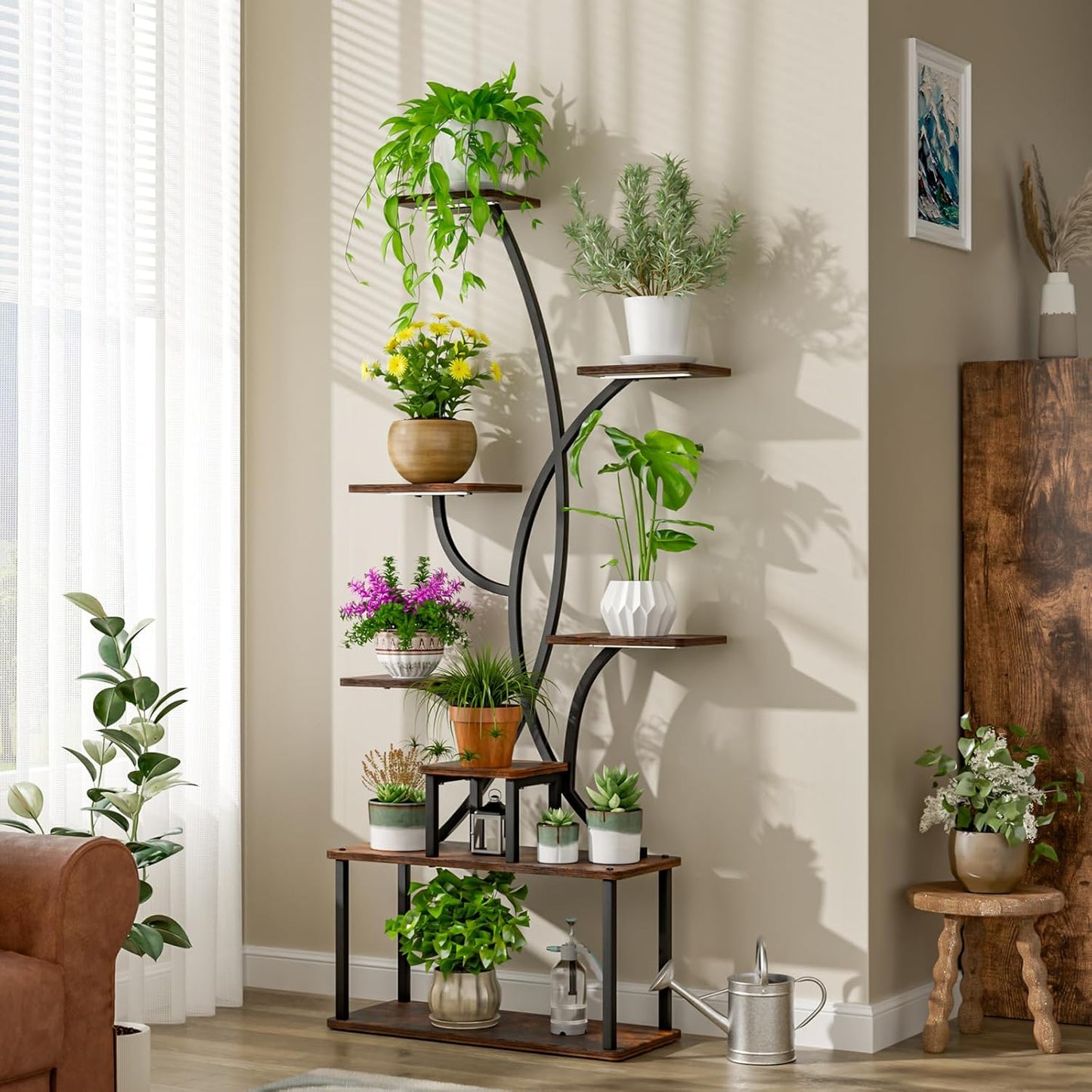 Plant Stand Indoor, 8 Tiered Indoor Plant Shelf, 65" Tall Plant Stand with Grow Light, Corner Flower Stand S-Shaped Metal Holder Reversible Installation, Plant Rack for Home Patio Black